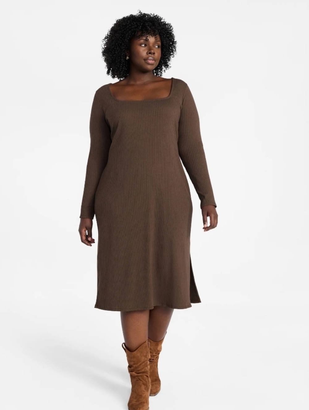 Terra & Sky Ribbed Square-Neck Long Sleeve Midi Dress - Brown